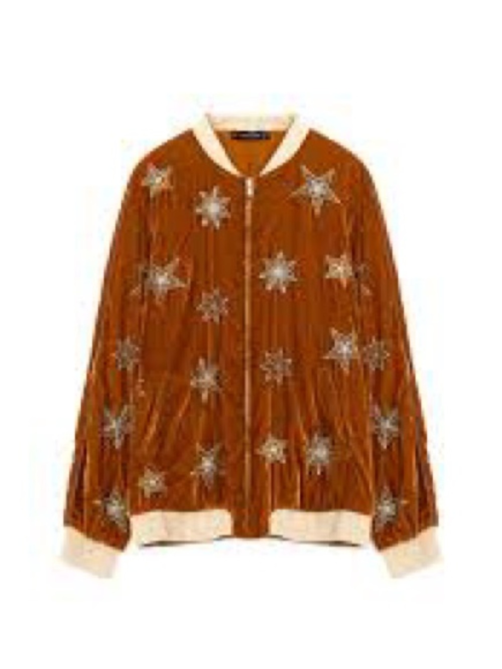 ZARA Trafaluc Velvet Star Embroidered Bomber Jacket Gold Brown M - Picture 2 of 10